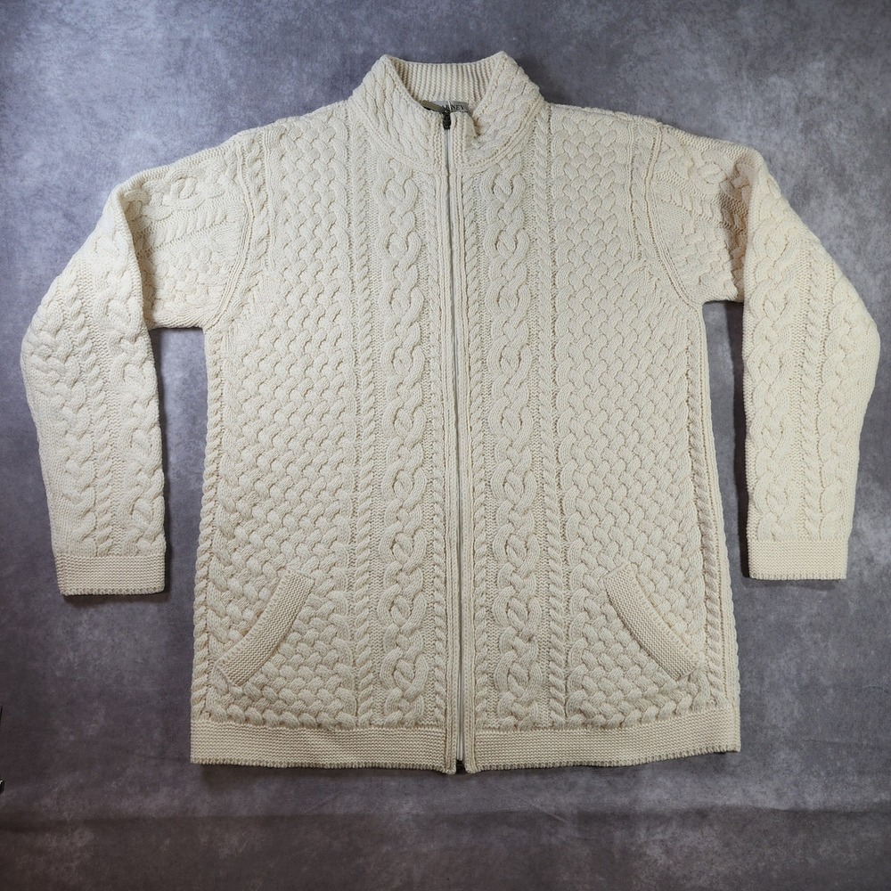 Blarney Woollen Mills Clodagh Aran Cardigan XL Merino Wool Irish Cable Knit NWT